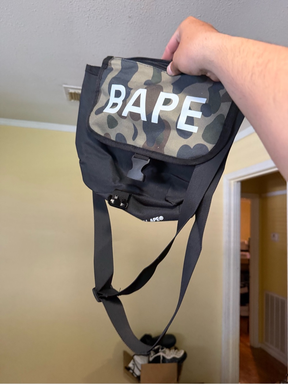 BAPE Camouflage Sling Bag with Bold Logo - Green/Black